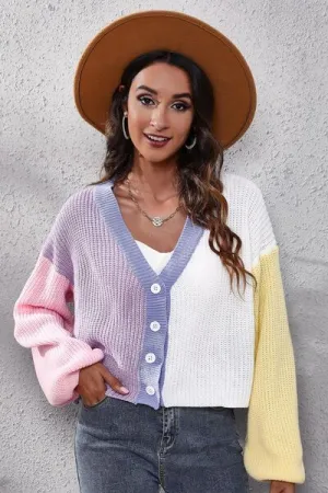 🌈 Color Block Button Up V-Neck Knit Top 🌈