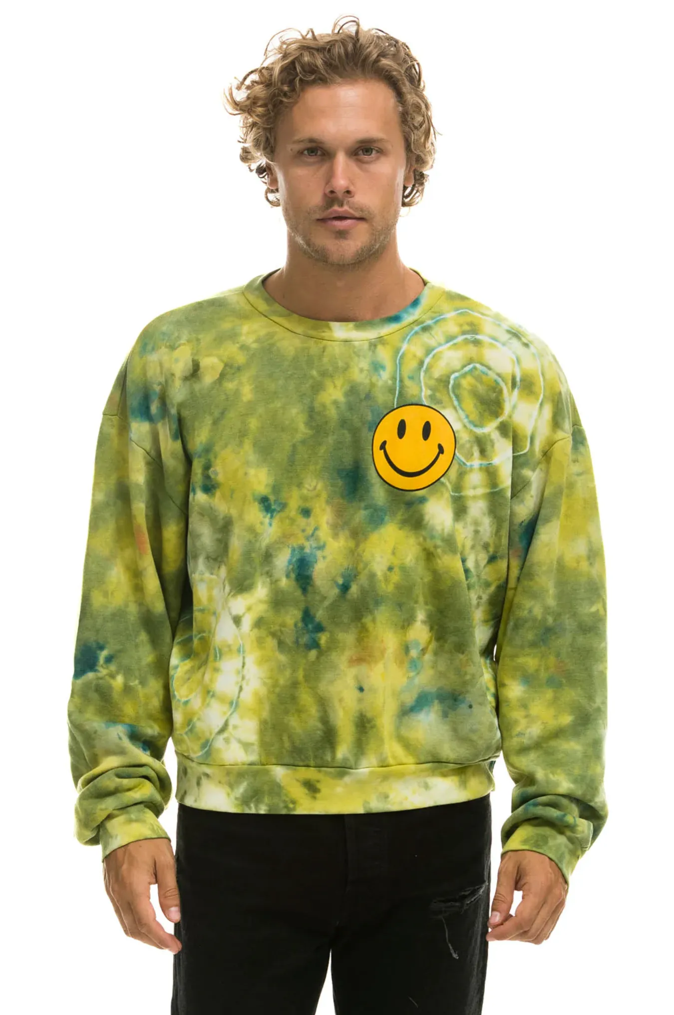 AVIATOR NATION HAND DYED SMILEY 2 CREW UNISEX SWEATSHIRT RELAXED - TIE DYE GREEN YELLOW