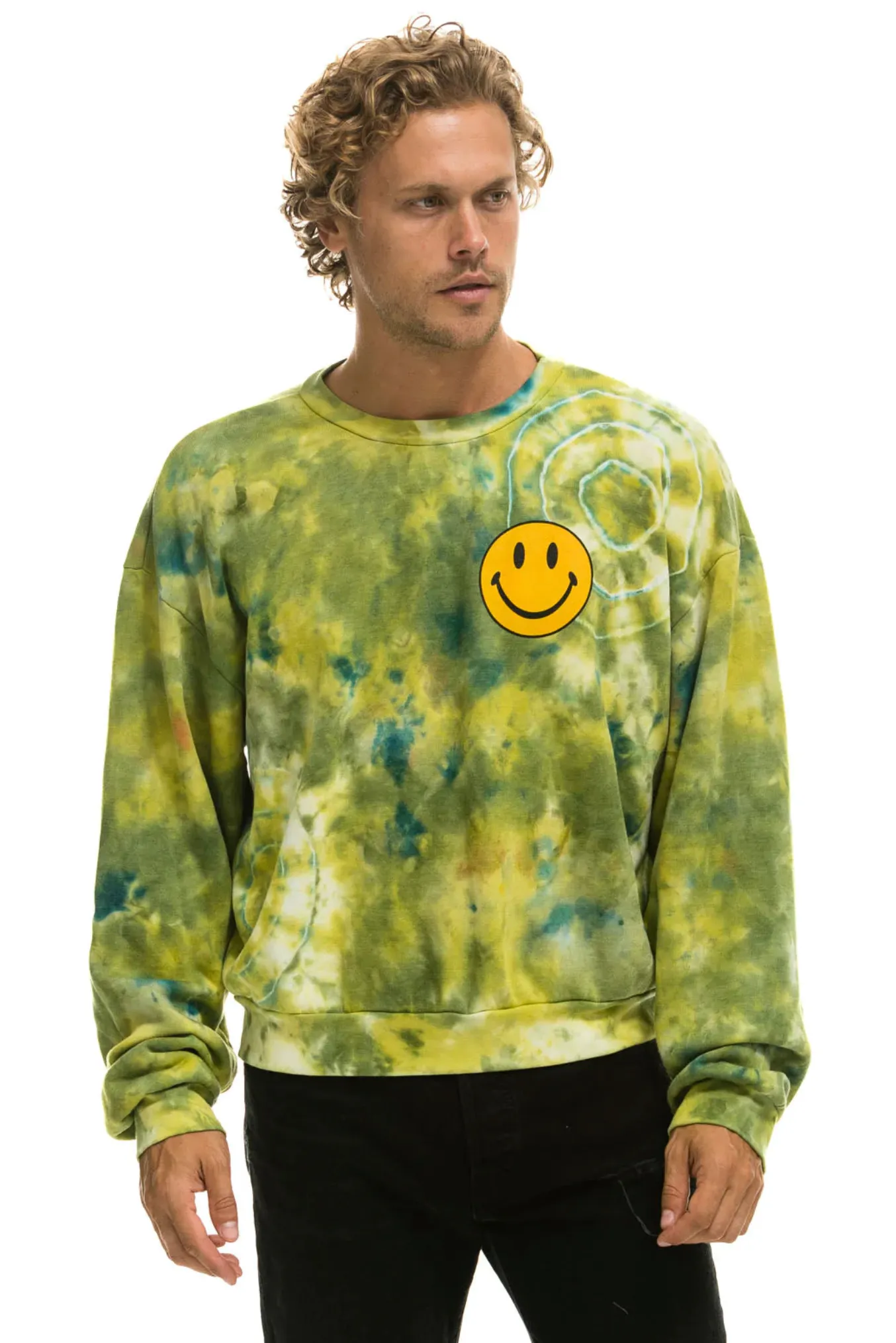 AVIATOR NATION HAND DYED SMILEY 2 CREW UNISEX SWEATSHIRT RELAXED - TIE DYE GREEN YELLOW