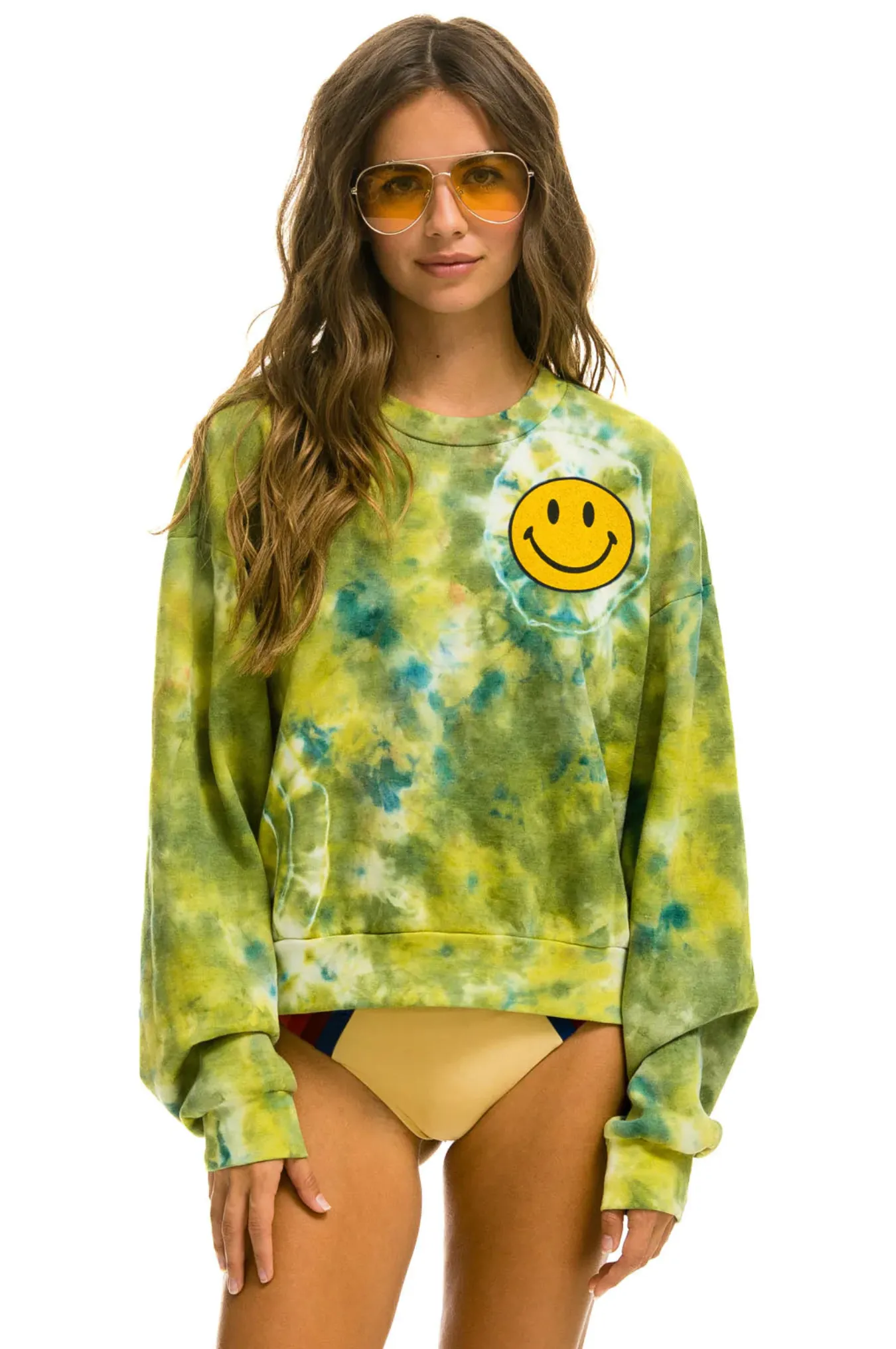 AVIATOR NATION HAND DYED SMILEY 2 CREW UNISEX SWEATSHIRT RELAXED - TIE DYE GREEN YELLOW