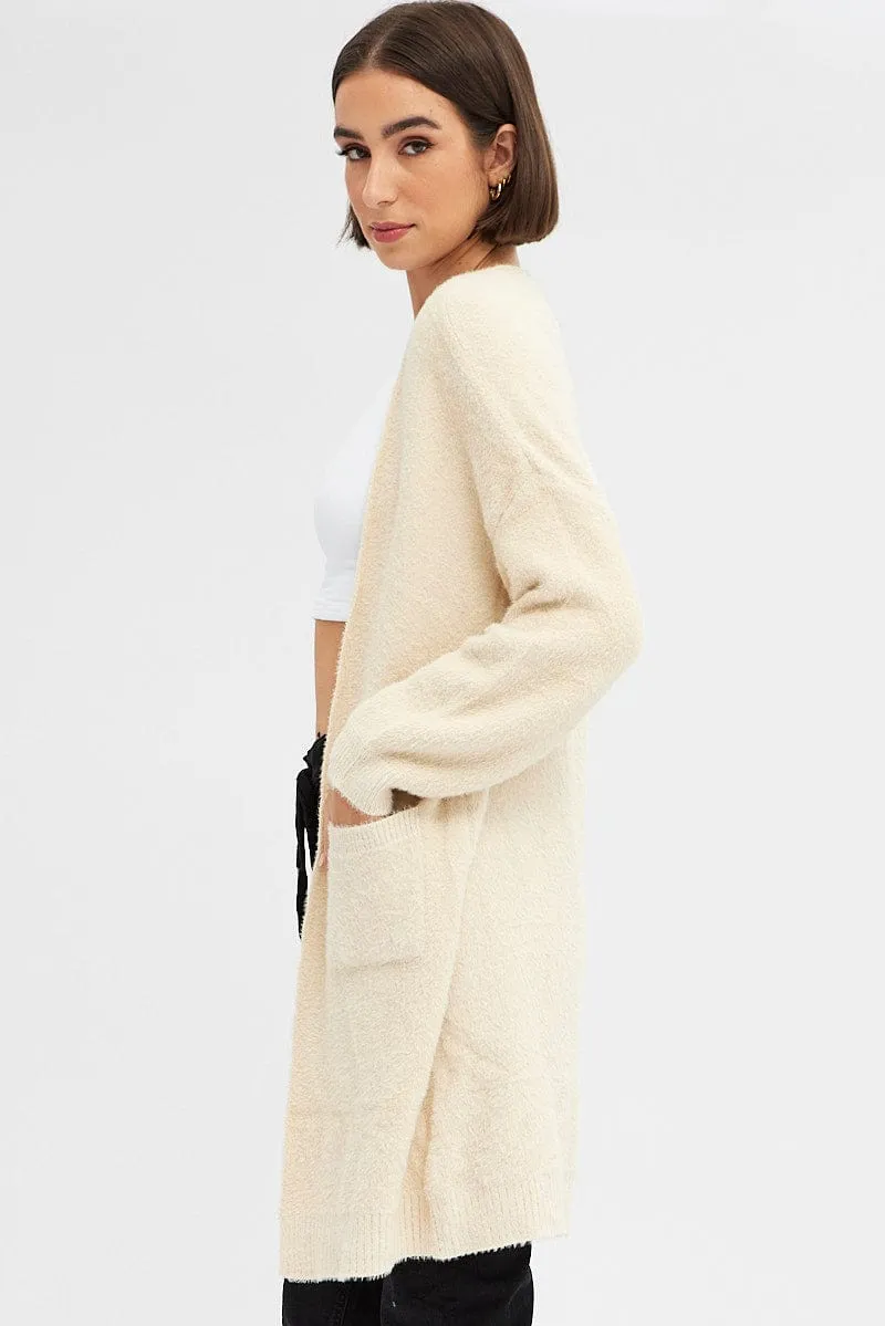 Beige Knit Cardigan Long Sleeve Longline