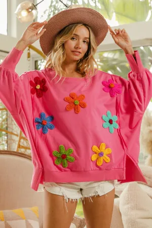 BiBi OVERSIZED Solid Color Top with Multi Color Flower Patches in Pink