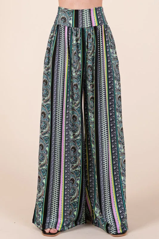 Boho Print Wide Leg Pants with Pockets