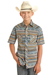 Boy's Rock & Roll Vintage Aztec Stripe Short Sleeve Snap Shirt