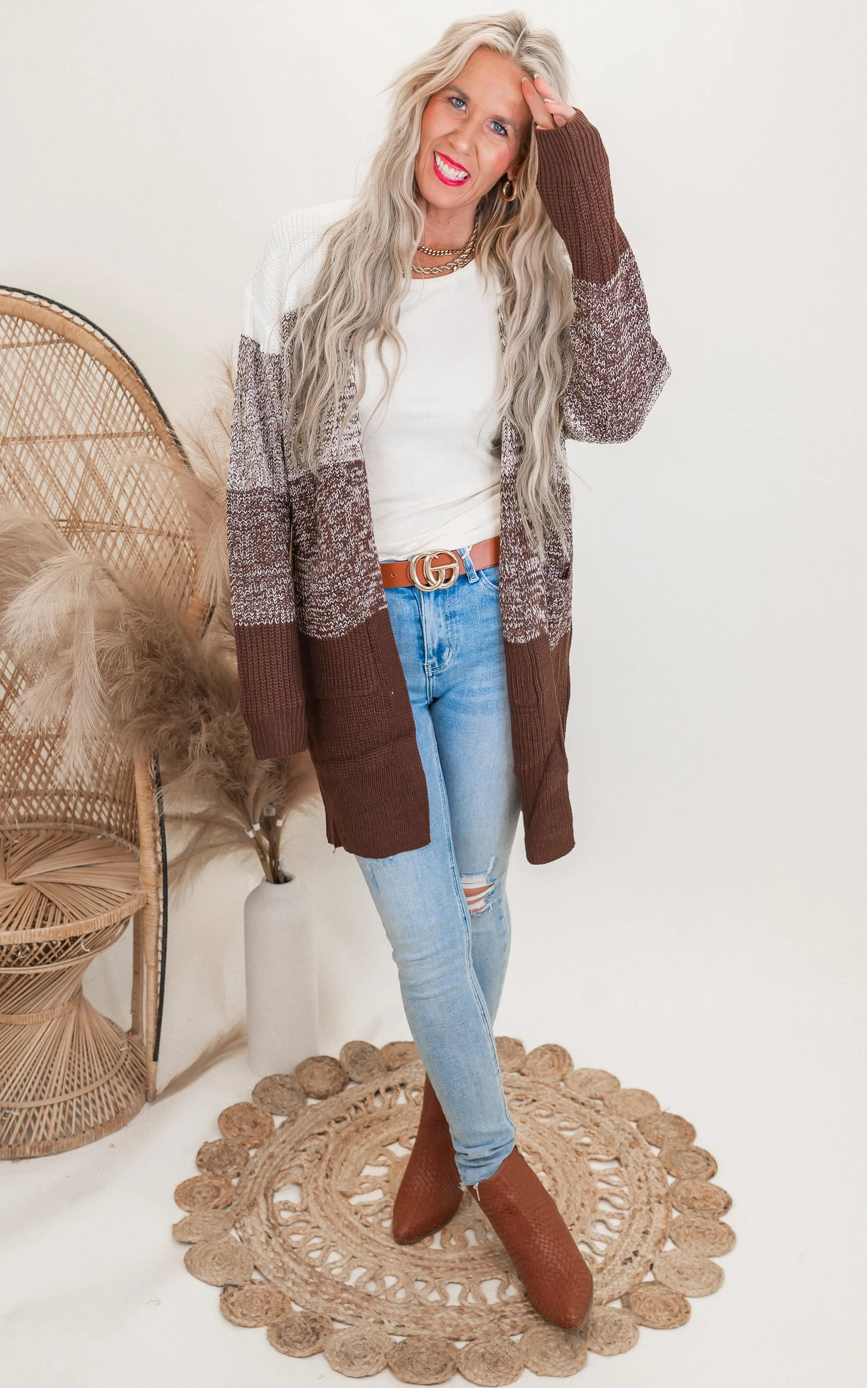 Brown Faded Colorblock Cardigan