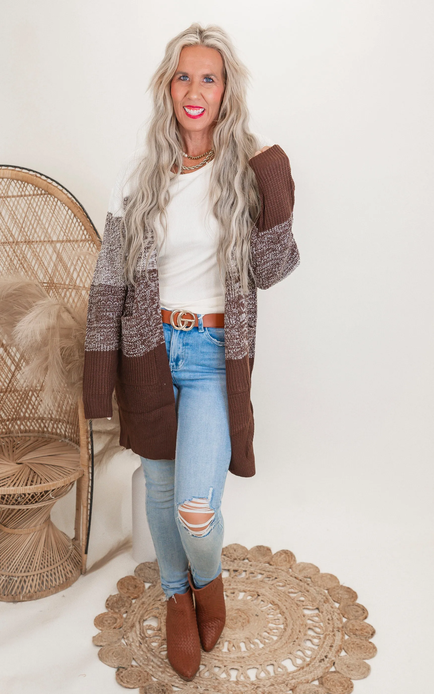 Brown Faded Colorblock Cardigan