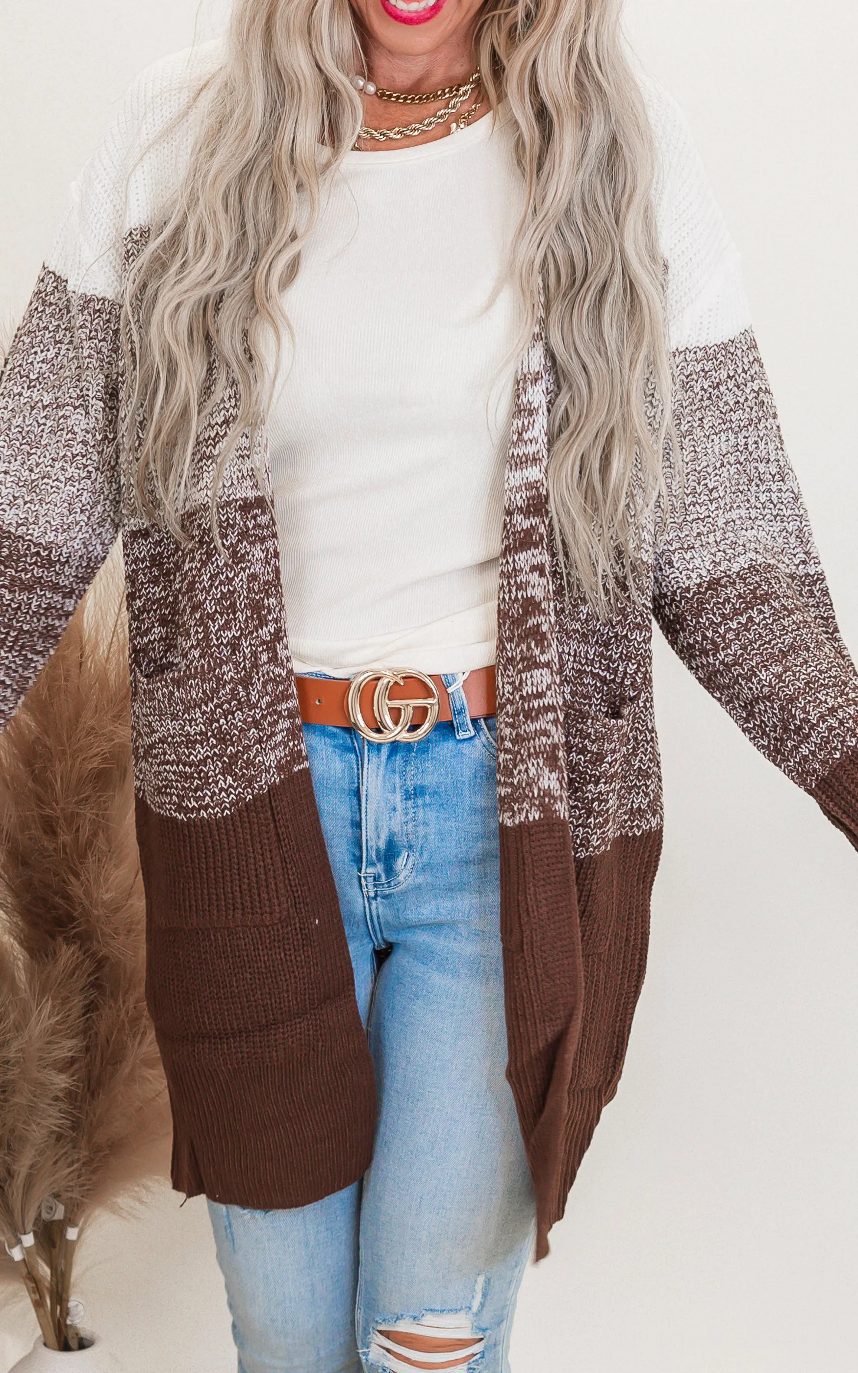 Brown Faded Colorblock Cardigan