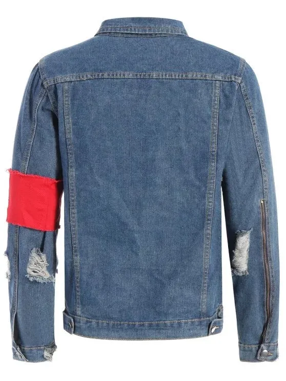 Fashion Streetwear Ripped Armband Denim Jacket