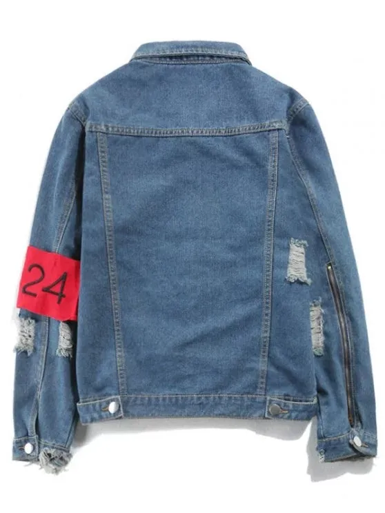 Fashion Streetwear Ripped Armband Denim Jacket