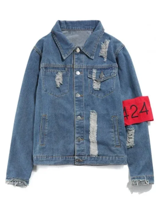 Fashion Streetwear Ripped Armband Denim Jacket