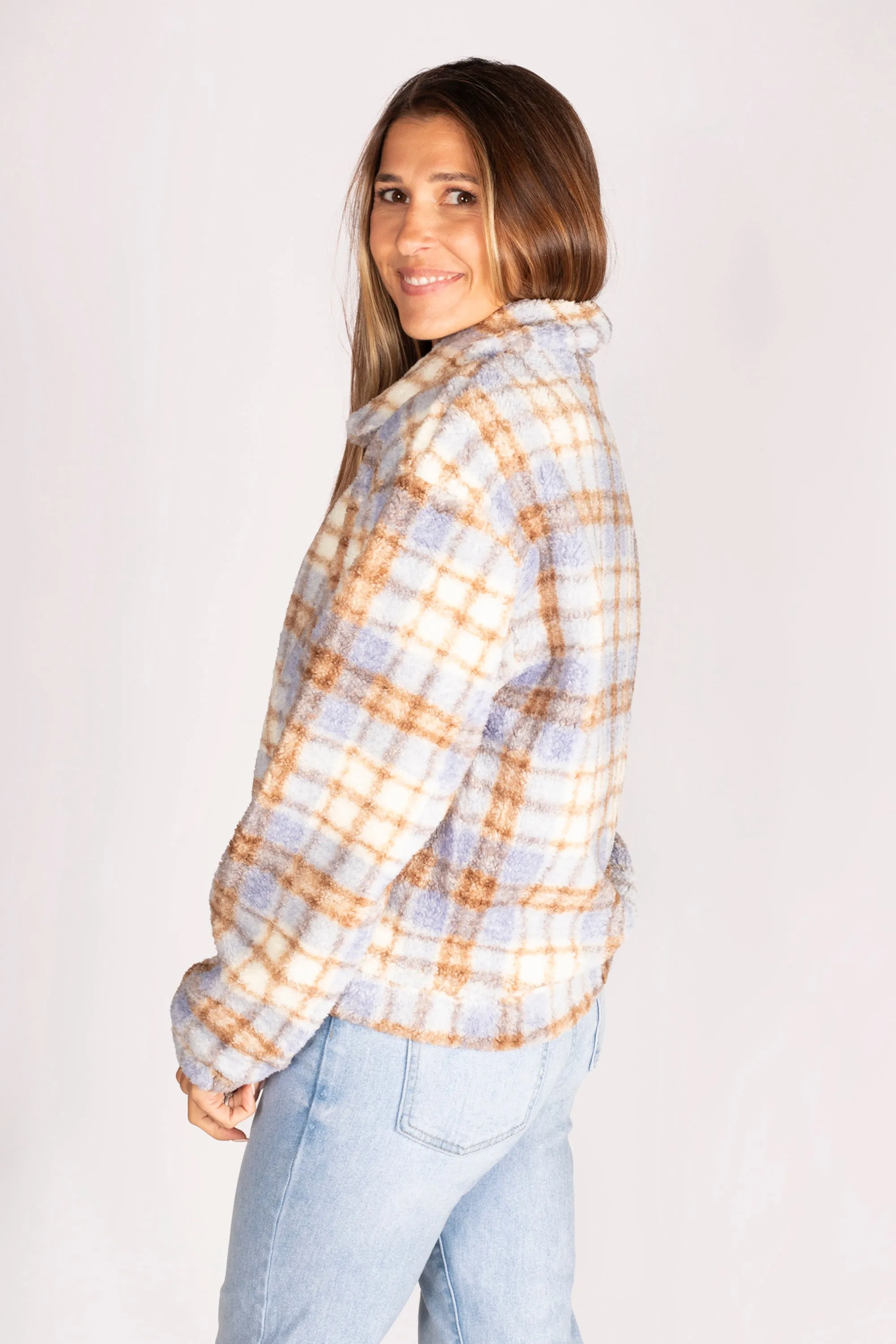 Light Blue Plaid Sherpa Jacket - FINAL SALE