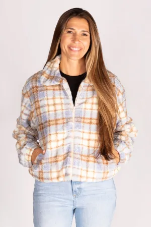 Light Blue Plaid Sherpa Jacket - FINAL SALE