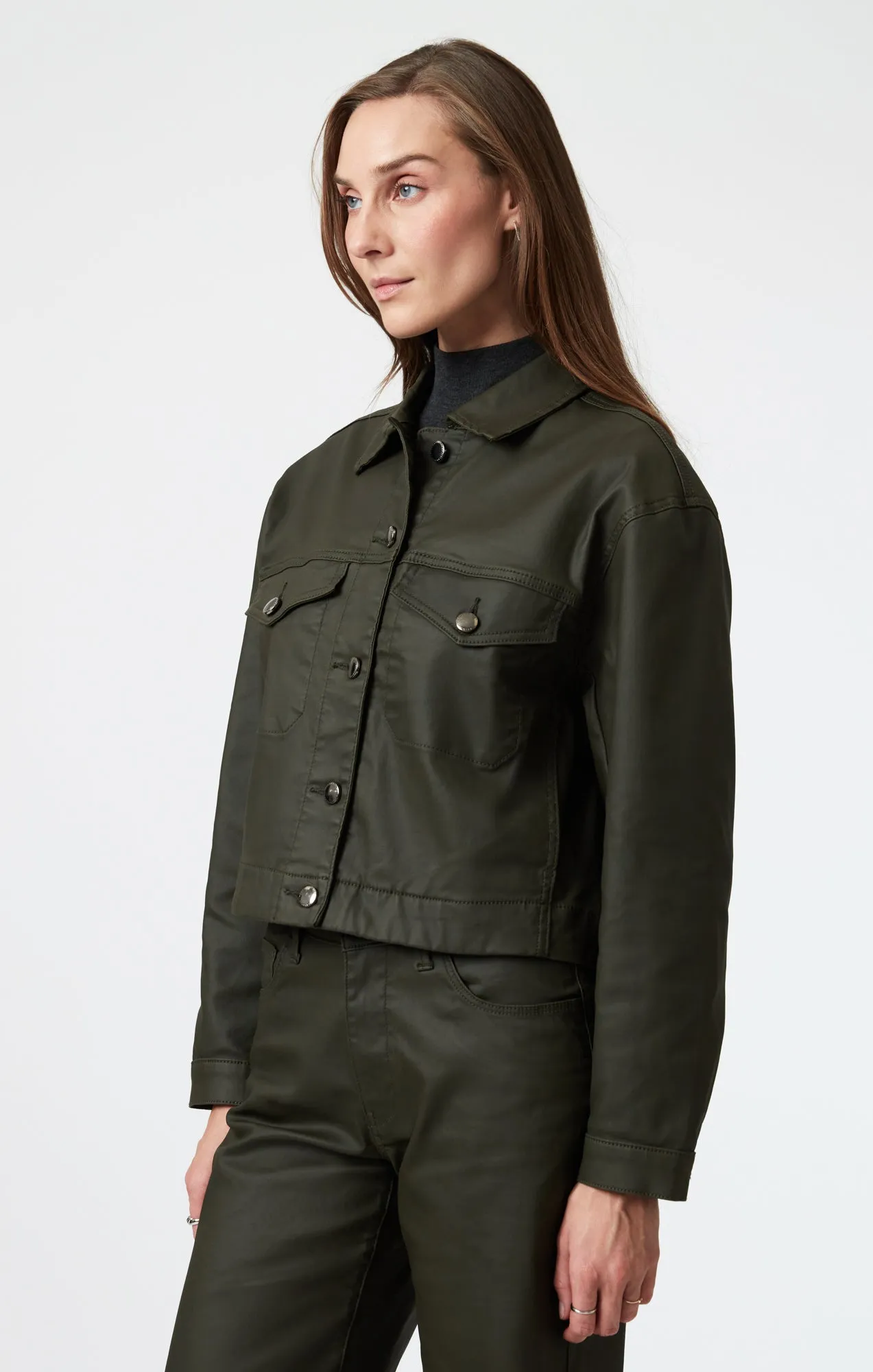 MAREN CROP JACKET IN DARK OLIVE COATED