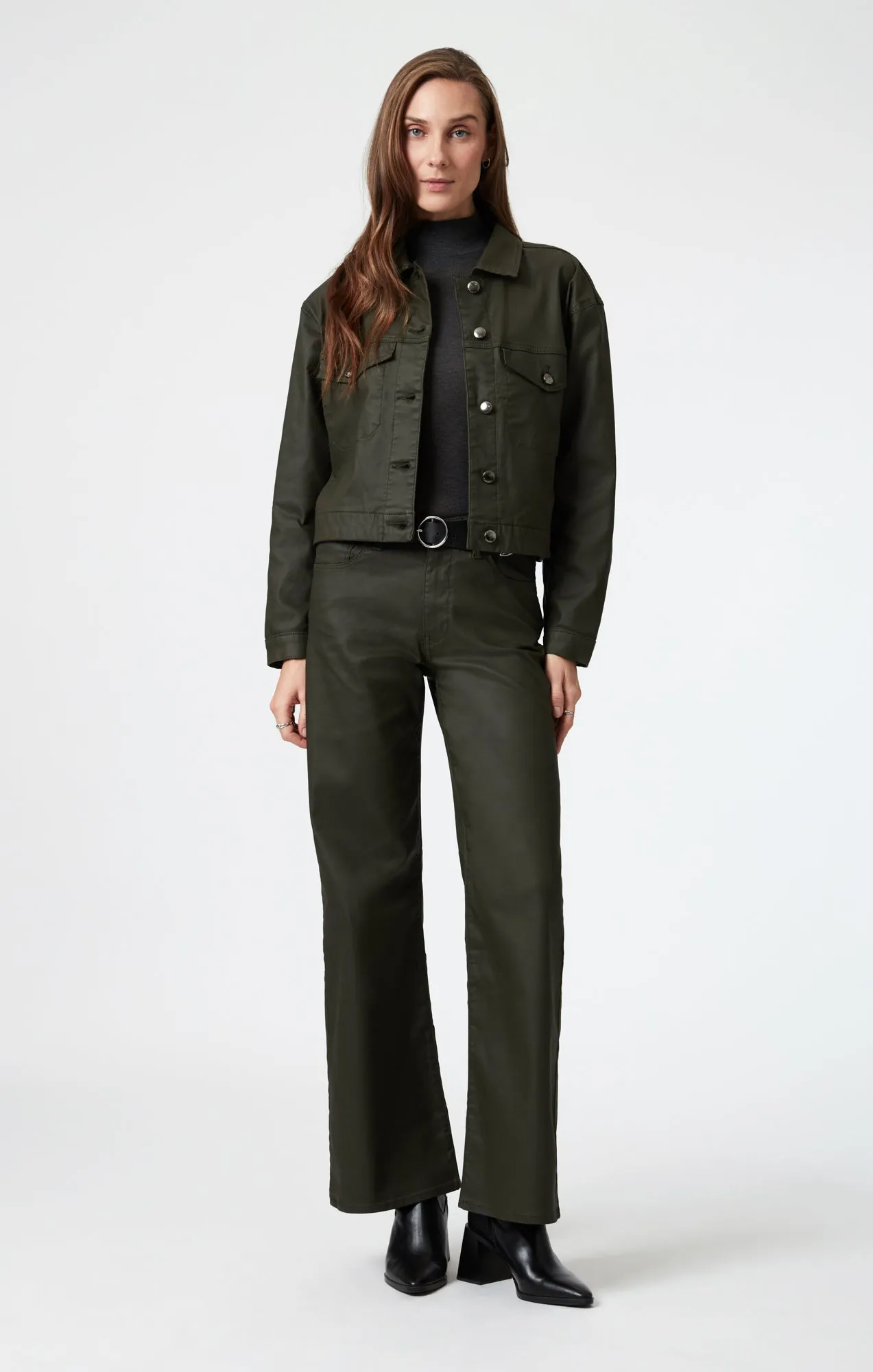 MAREN CROP JACKET IN DARK OLIVE COATED