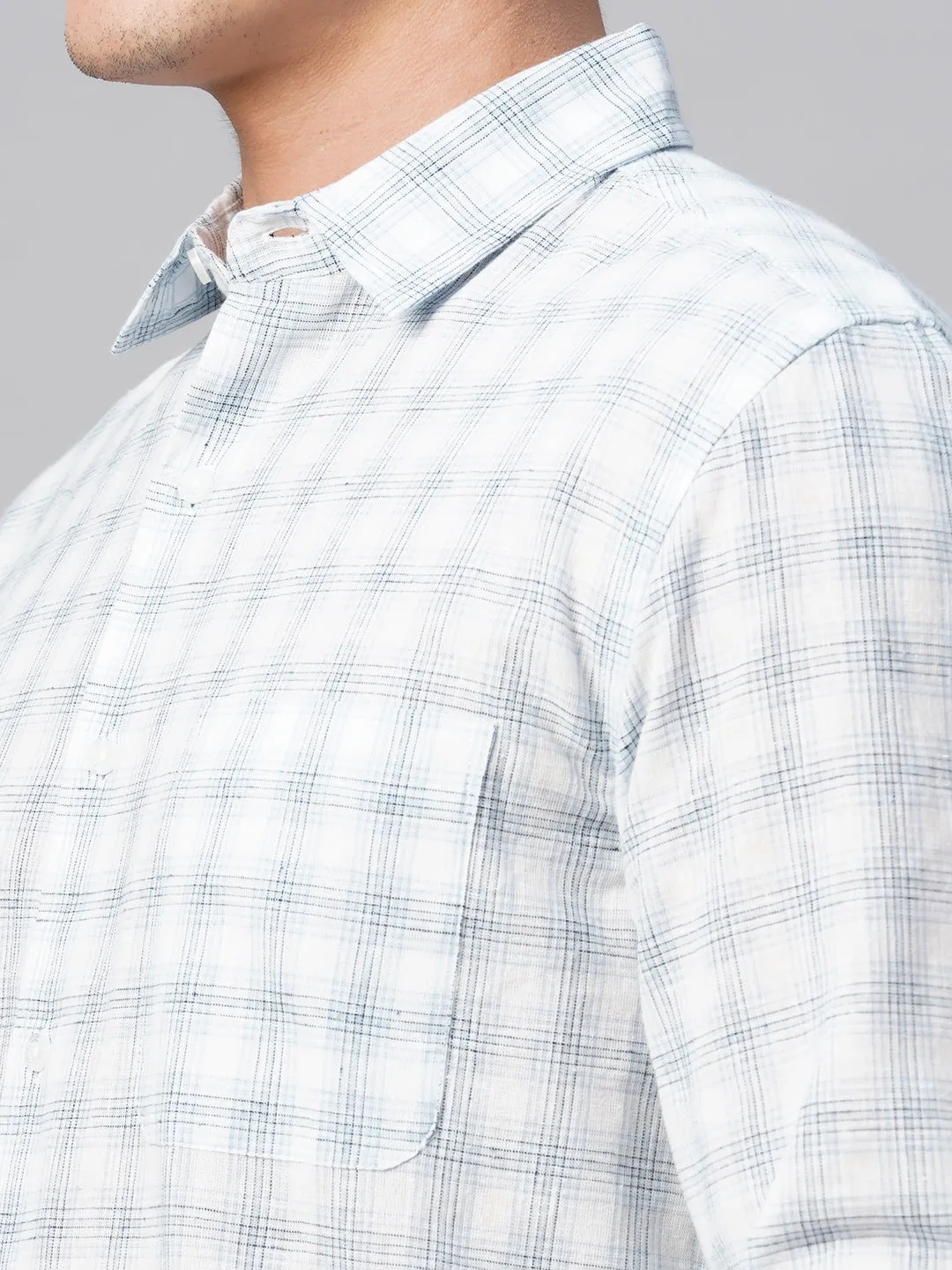 Men's White Linen Cotton Regular Fit Checked Shirt