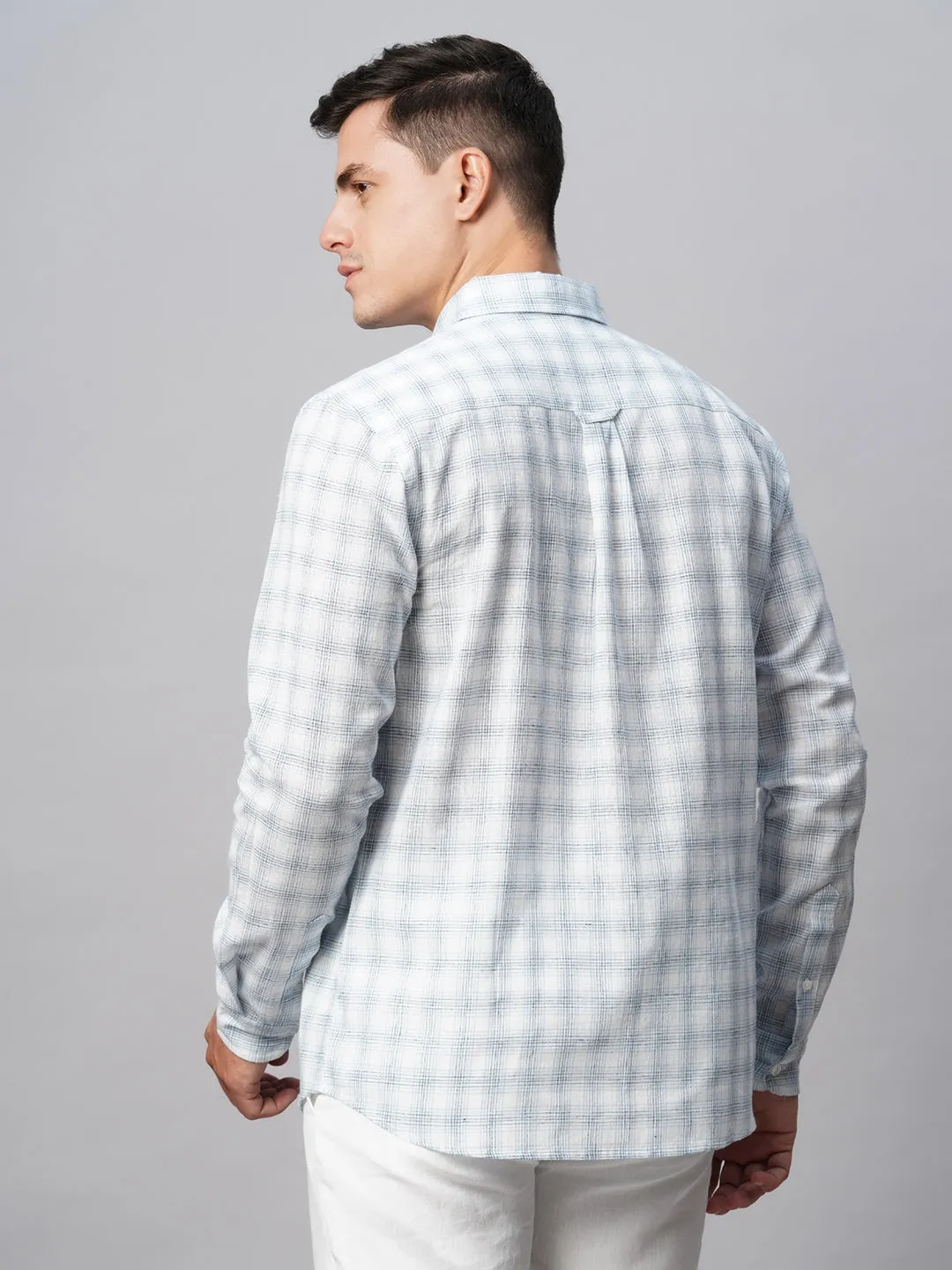 Men's White Linen Cotton Regular Fit Checked Shirt