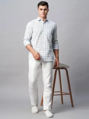 Men's White Linen Cotton Regular Fit Checked Shirt