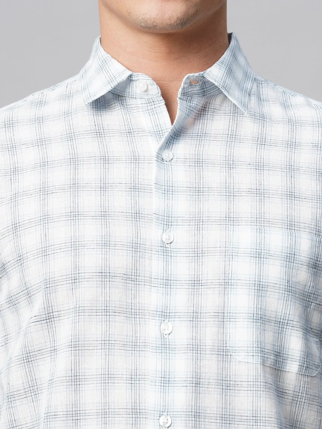 Men's White Linen Cotton Regular Fit Checked Shirt