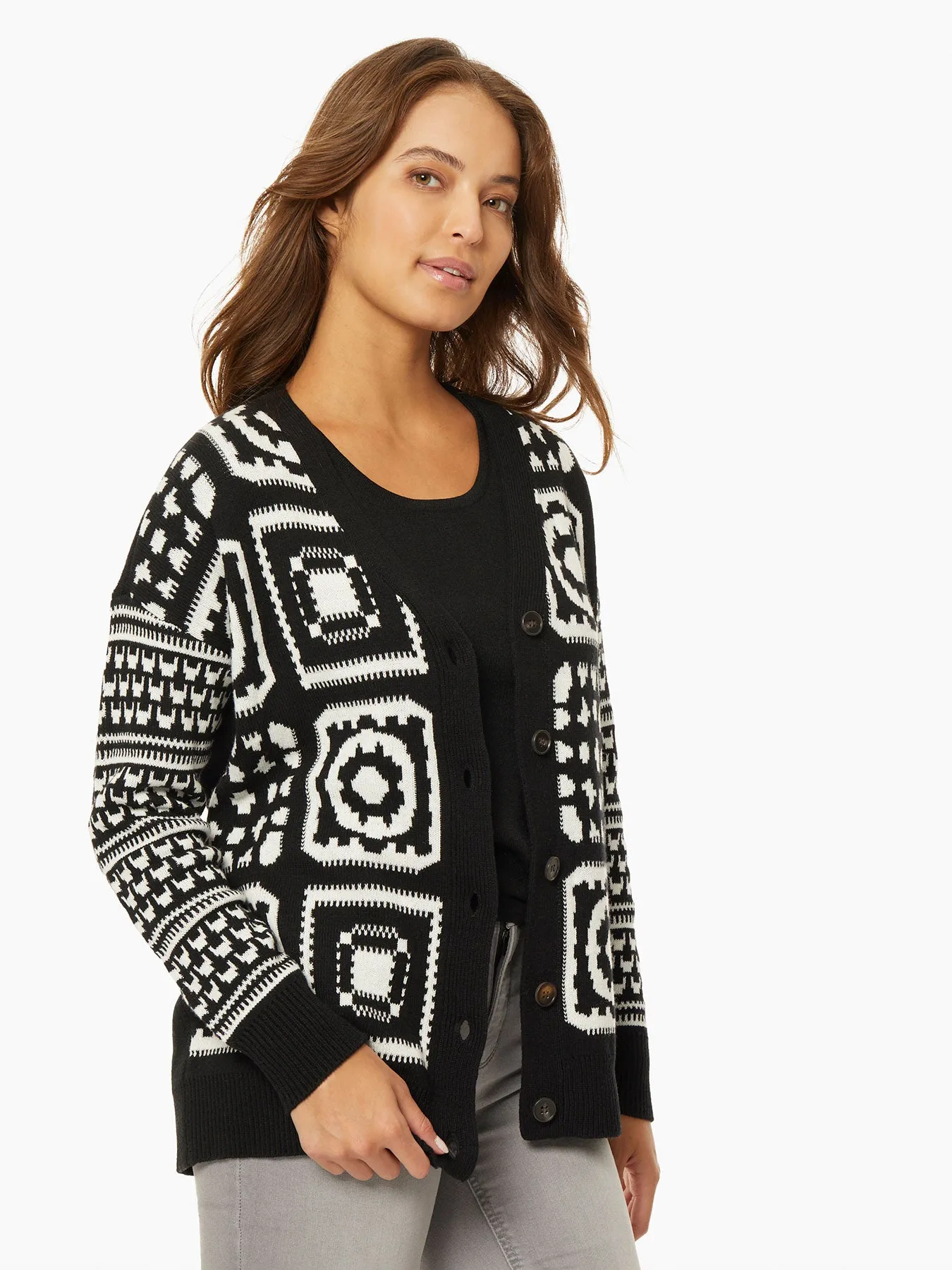 Patchwork Pattern Jacquard Boyfriend Cardigan