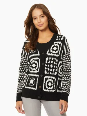 Patchwork Pattern Jacquard Boyfriend Cardigan