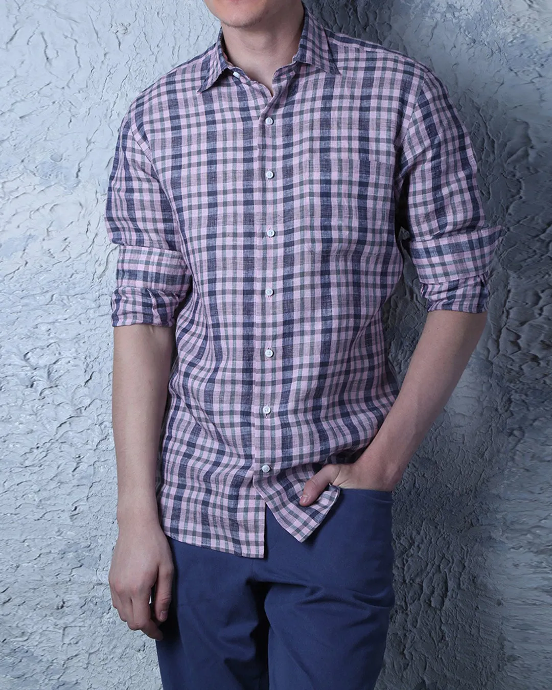 Pink & Navy Checkered Linen Shirt