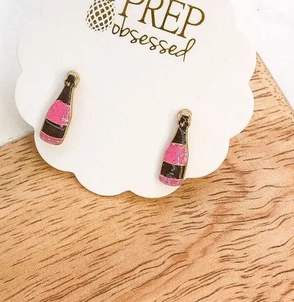 Pink Glitter Bubbly Bottle Signature Enamel Stud Earrings