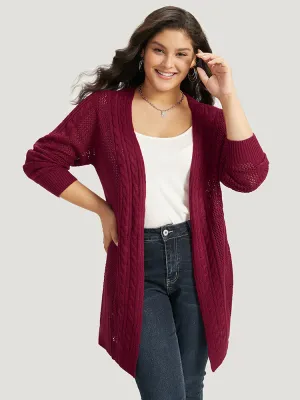 Plain Cable Knit Eyelet Open Front Cardigan