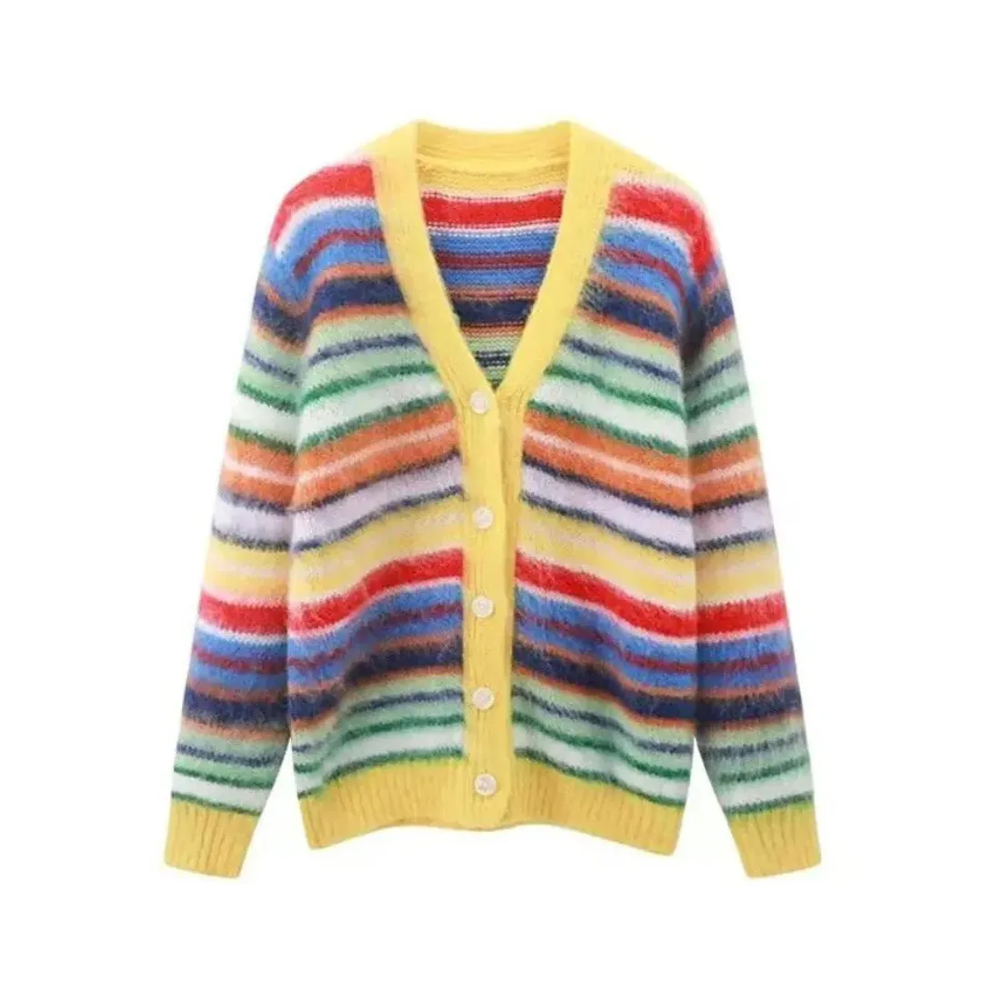 Pre Order:  Multicolor Striped Long Sleeves V-Neck Cardigan