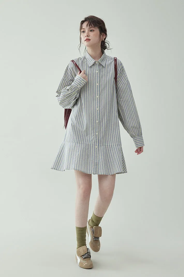 Preppy Style Single-Breasted Striped Shirt Dress & Long-Sleeved Dress