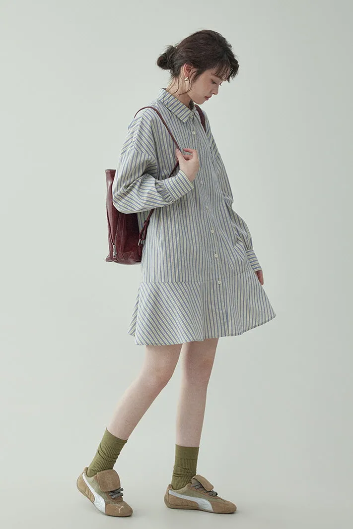 Preppy Style Single-Breasted Striped Shirt Dress & Long-Sleeved Dress