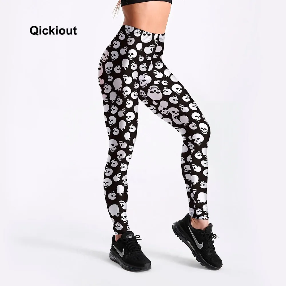 Qickitout  Women Leggings Cartoon Black And White Skull Printed Casual Long Pants 2018 Drop Shipping Plus Size