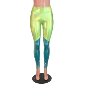 SALE - MEDIUM - Lime Green and Jade Blue Holographic Mystique *Mid-Rise* Leggings