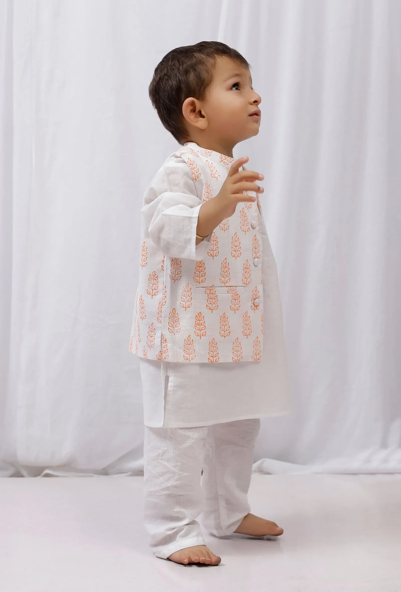 Set Of 3: White Cotton Kurta, Pajama & Orange Hand Block Printed Nehru Jacket