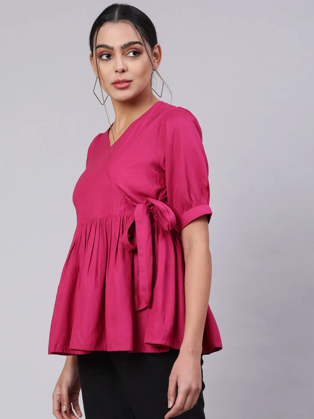 Solid Magenta Peplum Top With Black Pants