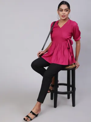 Solid Magenta Peplum Top With Black Pants