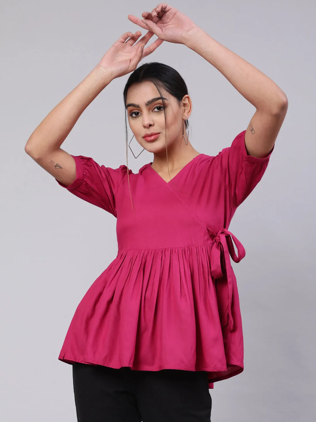 Solid Magenta Peplum Top With Black Pants