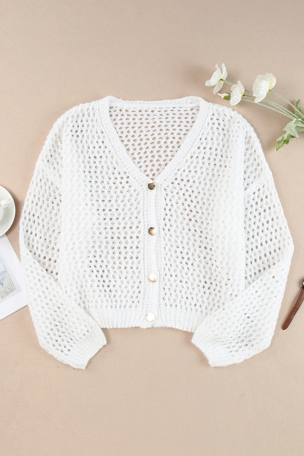 Women's Hollowed Knit Dolman Sleeve Button Down Sweater Cardigan