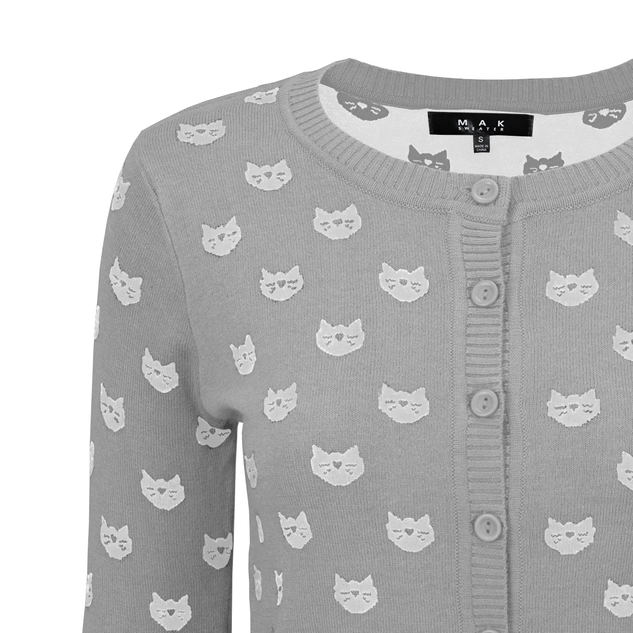 YEMAK Women's Cute Cat Pattern 3/4 Sleeve Button Down Stylish Cardigan Sweater MK3466