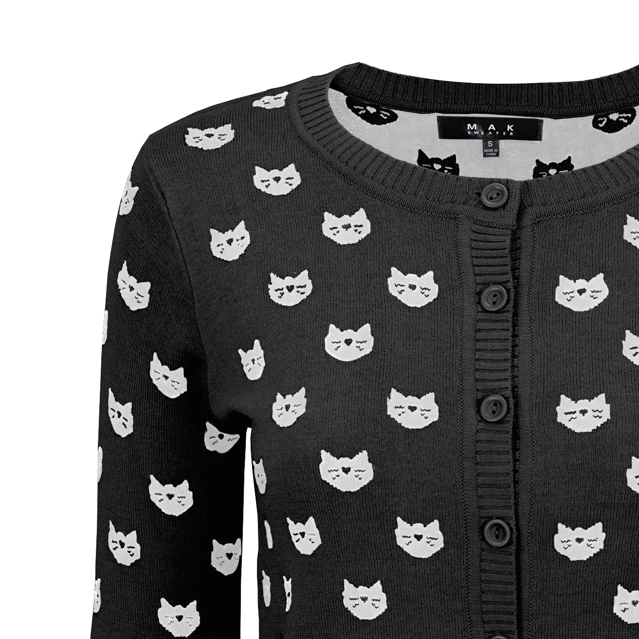 YEMAK Women's Cute Cat Pattern 3/4 Sleeve Button Down Stylish Cardigan Sweater MK3466