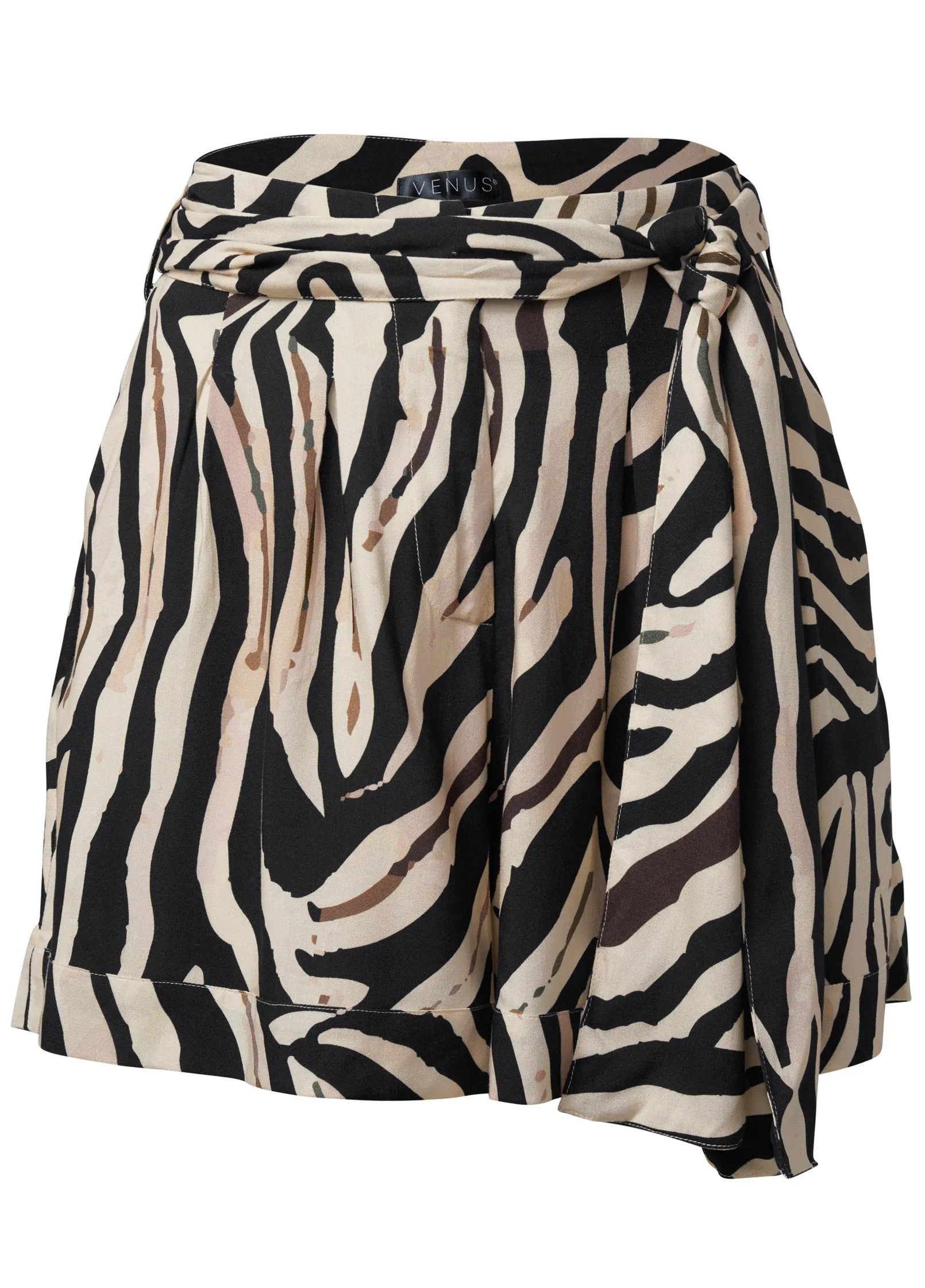 Zebra Print Tie Belt Shorts - Black & Natural